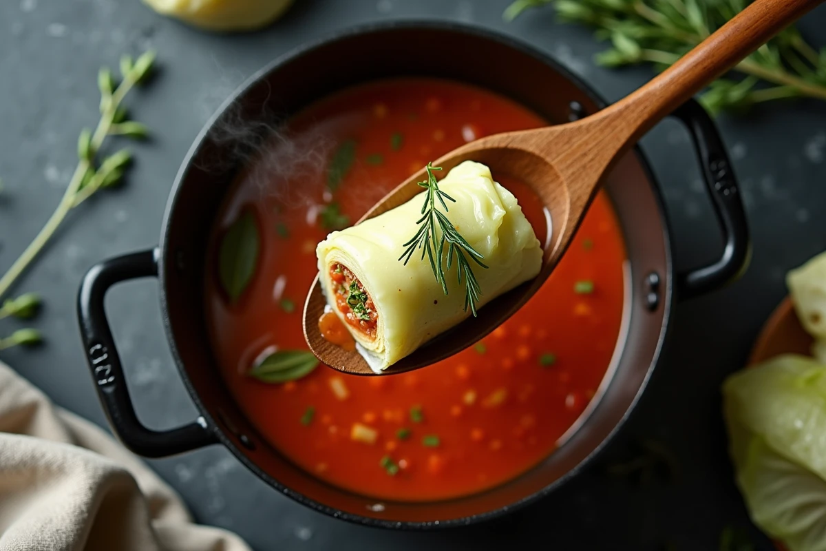 Chou farci réchauffé dans une cocotte en fonte avec bouillon tomate et herbes aromatiques