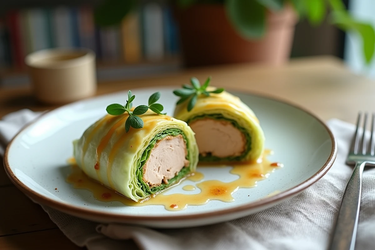 Gros plan sur des choux farcis avec herbes fraîches sur la table