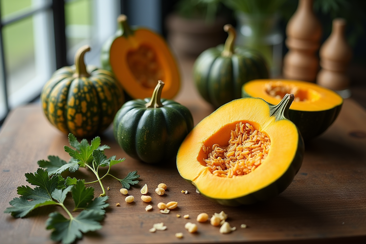 Citrouilles vertes entières et tranchées en cuisine moderne