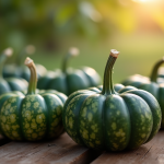 Citrouilles vertes fraîches sur une table en bois rustique