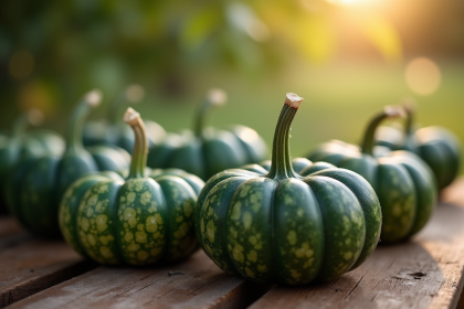 Citrouilles vertes fraîches sur une table en bois rustique