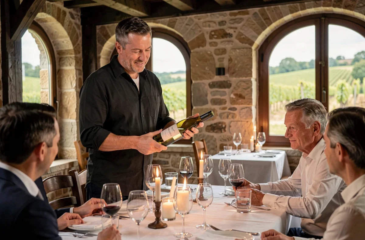 Sommelier présentant un Sancerre blanc au Clos du Maréchal à Sancerre, dans une salle élégante aux murs en pierre avec vue sur les vignes