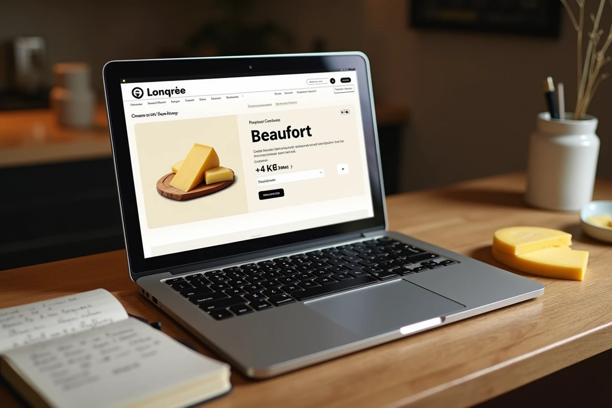 Ordinateur portable affichant un site de commande de fromage Beaufort en ligne posé sur une table en bois avec des notes manuscrites