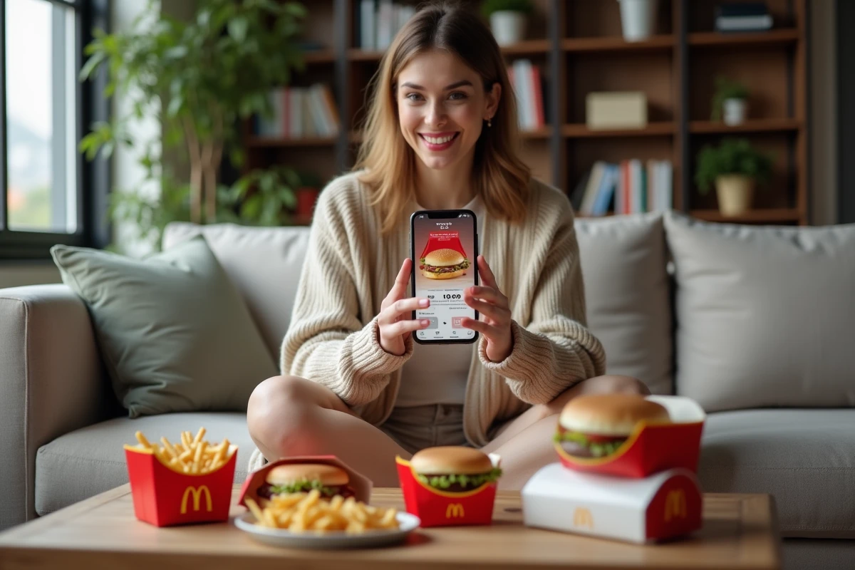 Femme comparant les prix d'une commande McDonald's en livraison à domicile sur son smartphone depuis son canapé
