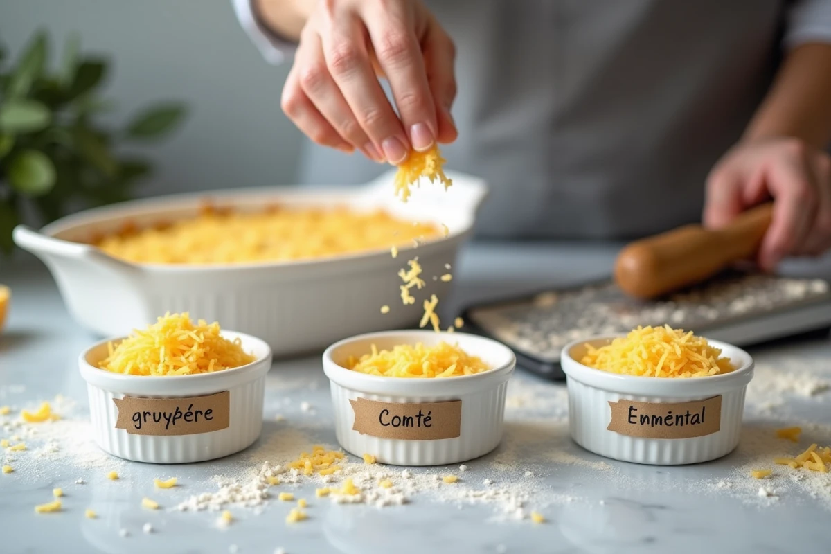 Comparaison de fromages râpés pour gratin d'endives avec gruyère, comté et emmental sur un comptoir de cuisine