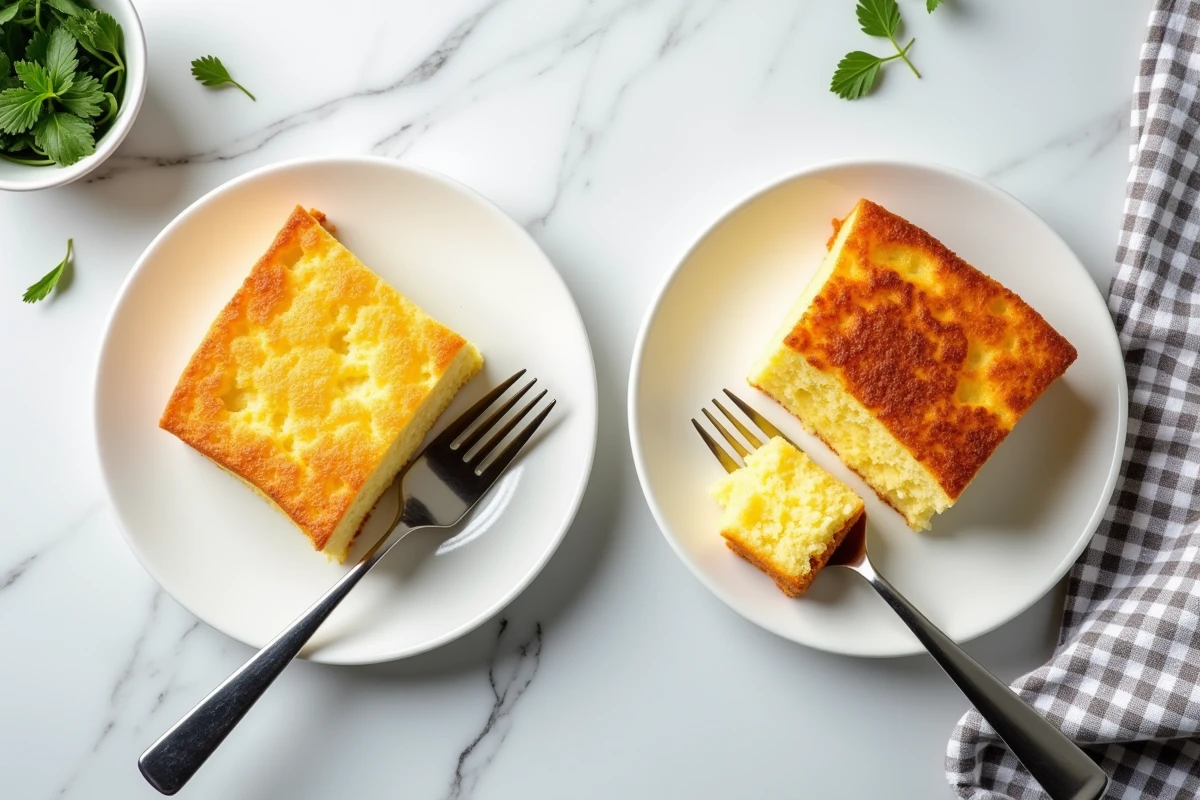 Comparaison de deux parts de gâteau aux œufs côte à côte, une cuite au four et une cuite à la poêle, sur marbre blanc