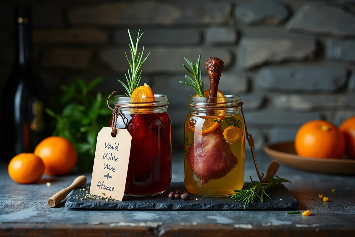 Comparaison de deux marinades de chevreuil en bocaux en verre, l'une au vin rouge et l'autre au vin blanc, posées sur une ardoise en cave rustique