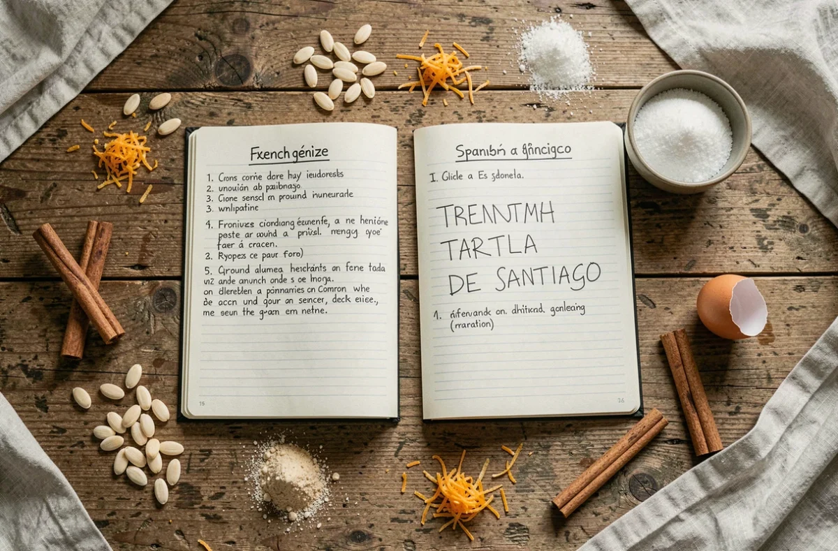 Vue de dessus de deux carnets de recettes ouverts comparant une génoise française et une tarta de Santiago espagnole entourés d'ingrédients typiques