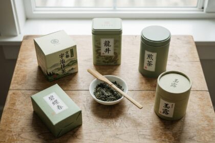 Comparatif de plusieurs marques de thé vert en feuilles et en boîtes sur une table en bois clair