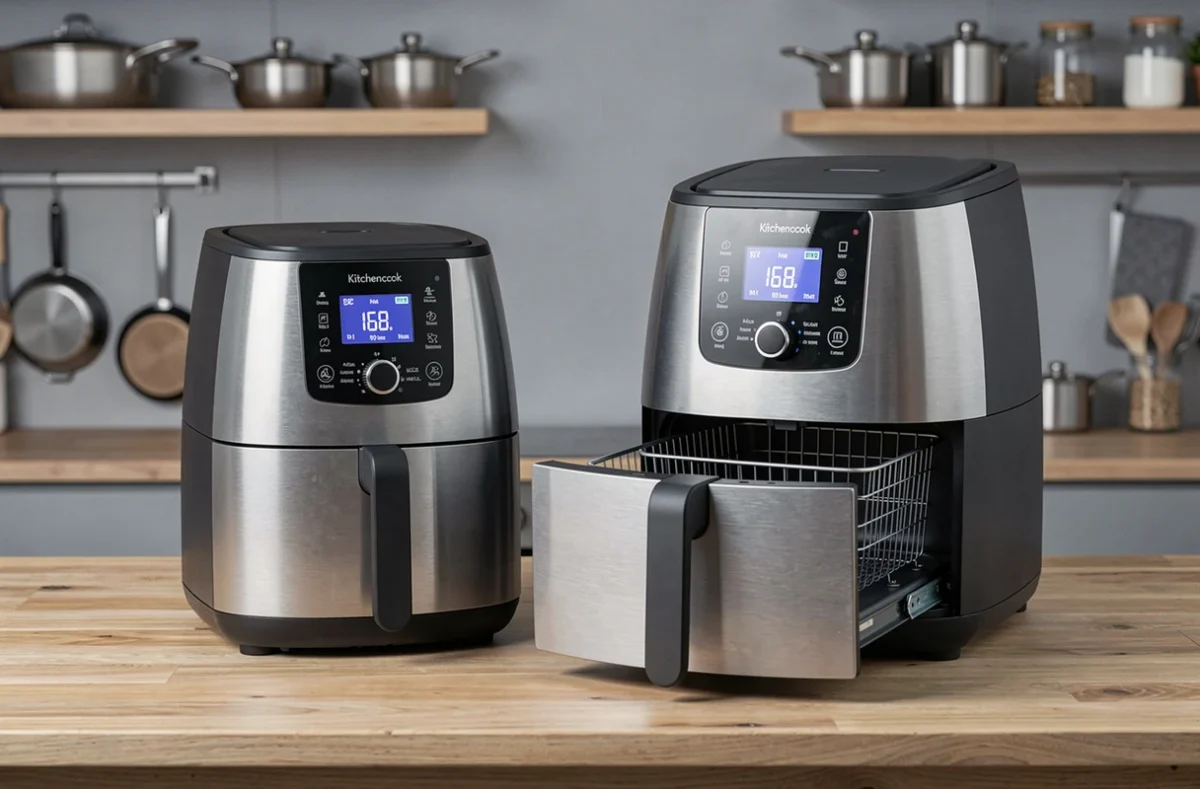 Comparatif de deux modèles d'airfryer Kitchencook de tailles différentes posés côte à côte sur un îlot de cuisine en bois