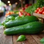 Concombre et courgette frais côte à côte sur une table en bois de marché, comparaison nutritionnelle
