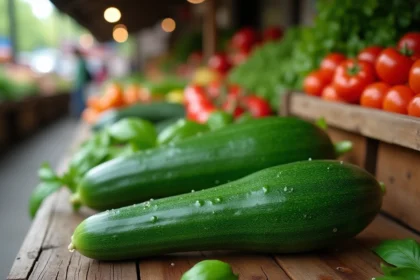 Concombre et courgette frais côte à côte sur une table en bois de marché, comparaison nutritionnelle