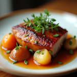 Confit de canard bien présenté avec légumes modernes en vue plongeante