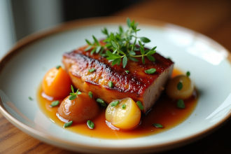 Confit de canard bien présenté avec légumes modernes en vue plongeante