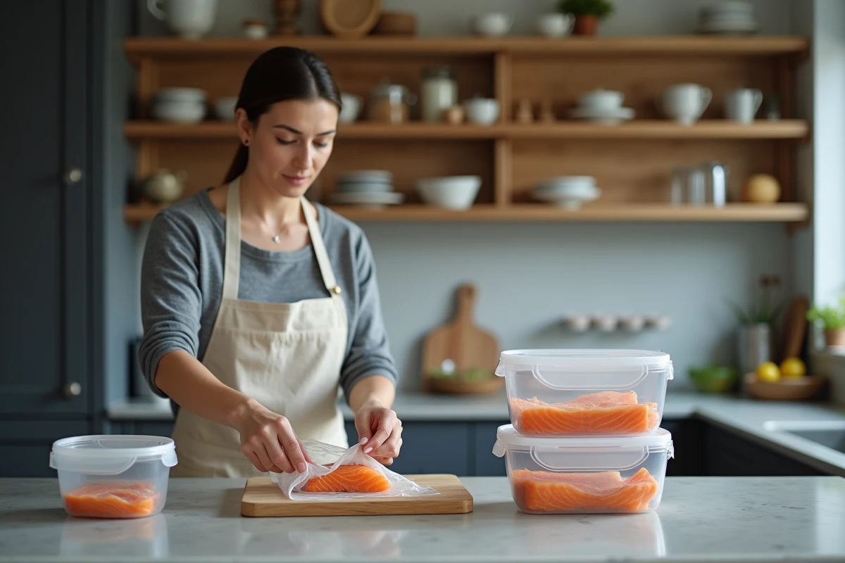 Femme préparant la conservation du cuir de saumon cuit dans des boîtes hermétiques en verre pour organisation repas