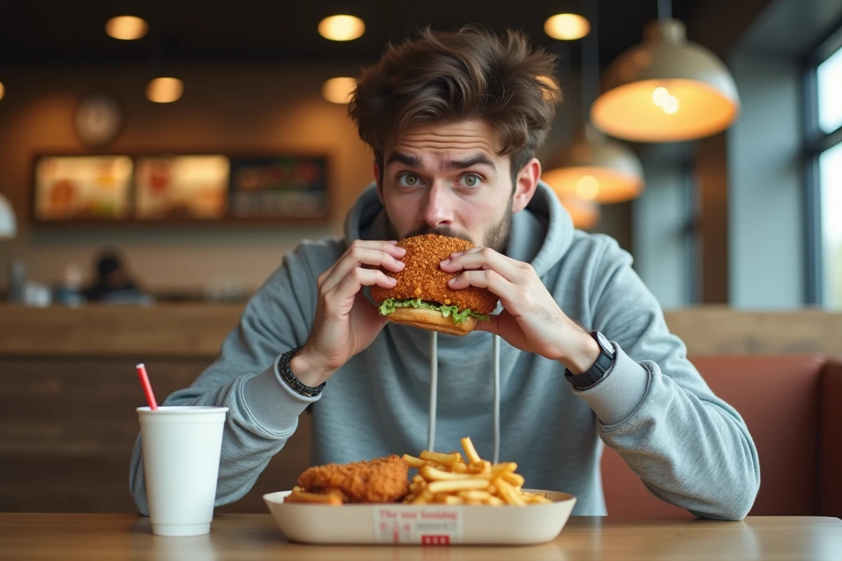 Consommateur lambda goûtant le burger Pepe Chicken dans un restaurant fast food moderne