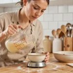 Femme versant 40cl de liquide dans un bol de balance de cuisine pour convertir le volume en grammes