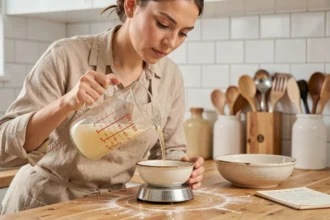 Femme versant 40cl de liquide dans un bol de balance de cuisine pour convertir le volume en grammes