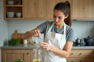 Femme versant un liquide depuis un verre mesureur gradué dans une carafe en verre sur un plan de travail en bois, illustration de la conversion de centilitres en litres en cuisine