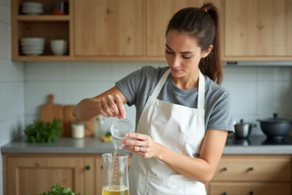 Femme versant un liquide depuis un verre mesureur gradué dans une carafe en verre sur un plan de travail en bois, illustration de la conversion de centilitres en litres en cuisine
