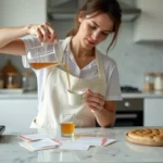 Femme mesurant un liquide en centilitres dans une cuisine moderne avec balance et bécher gradué