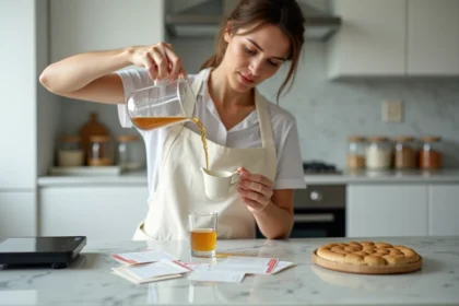 Femme mesurant un liquide en centilitres dans une cuisine moderne avec balance et bécher gradué