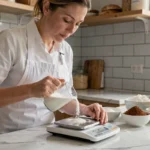 Cheffe pâtissière versant du sucre dans un verre doseur sur une balance de cuisine en marbre, entourée d'ingrédients de pâtisserie