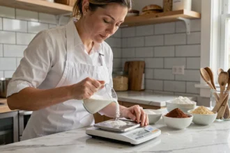 Cheffe pâtissière versant du sucre dans un verre doseur sur une balance de cuisine en marbre, entourée d'ingrédients de pâtisserie