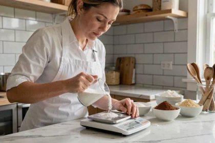 Cheffe pâtissière versant du sucre dans un verre doseur sur une balance de cuisine en marbre, entourée d'ingrédients de pâtisserie