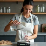 Femme versant de l'eau d'un litre dans une balance de cuisine numérique affichant des grammes, illustration de la conversion litre en kilogramme