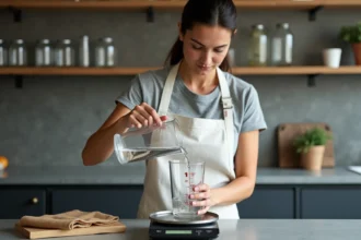 Femme versant de l'eau d'un litre dans une balance de cuisine numérique affichant des grammes, illustration de la conversion litre en kilogramme
