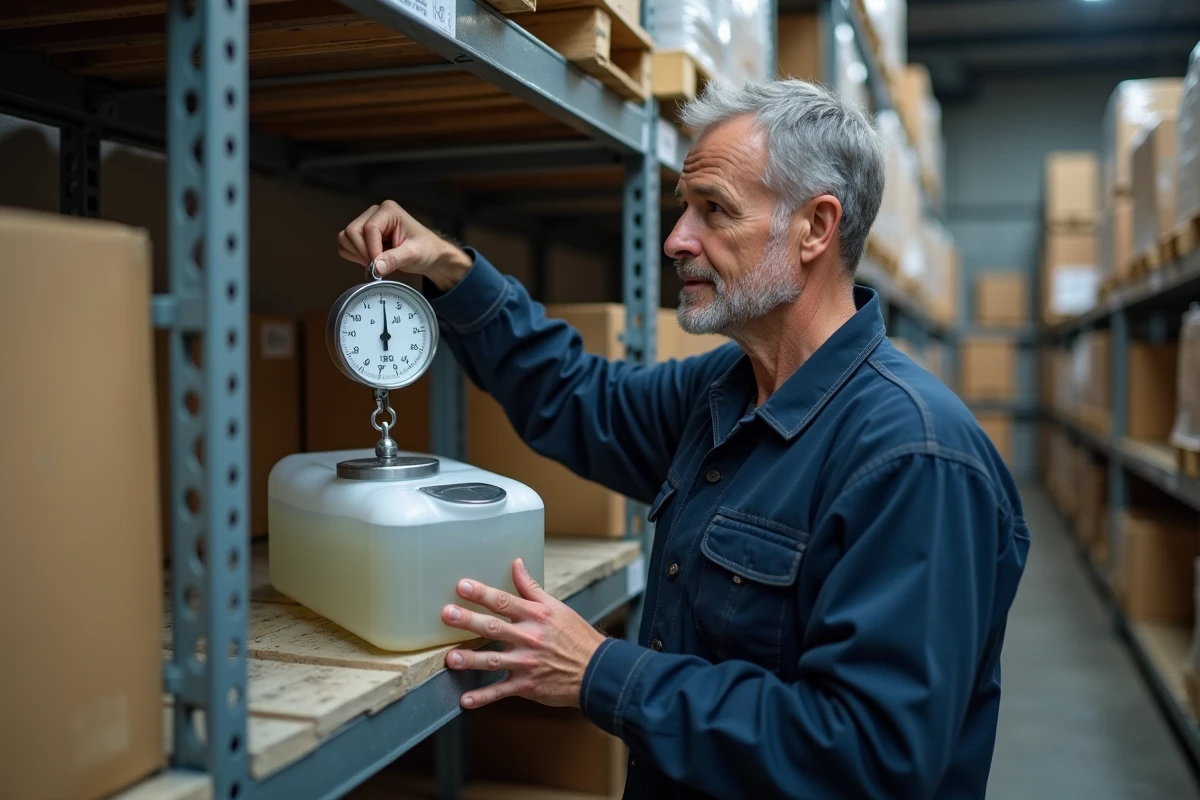 Homme en entrepôt comparant un contenant d'un litre de liquide avec une balance analogique pour illustrer la densité et la conversion litre-kilogramme