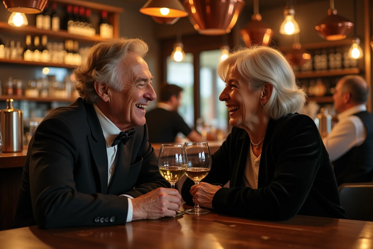 Couple âgé trinant au bar dans un bouchon lyonnais authentique