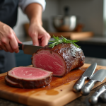 Chef coupant un rosbif cuit avec des couteaux de cuisine modernes