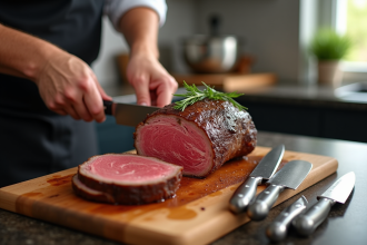 Chef coupant un rosbif cuit avec des couteaux de cuisine modernes