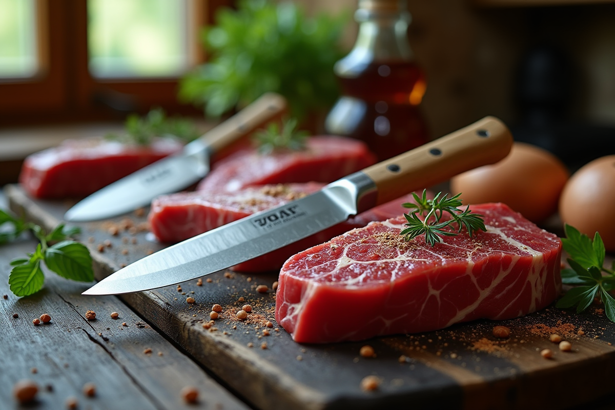Couteaux de viande haut de gamme avec steak cru et herbes