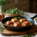 Crépinettes de porc dorées dans une poêle en fonte sur une table de repas dominical rustique avec moutarde et herbes fraîches