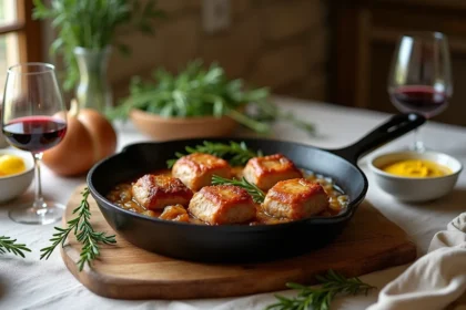 Crépinettes de porc dorées dans une poêle en fonte sur une table de repas dominical rustique avec moutarde et herbes fraîches