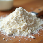 Cuillère à soupe de farine blanche sur plan de travail en bois