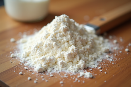 Cuillère à soupe de farine blanche sur plan de travail en bois