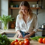 Jeune femme préparant un repas végétal dans une cuisine moderne