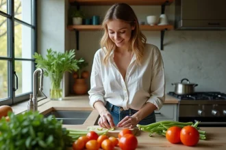 Jeune femme préparant un repas végétal dans une cuisine moderne