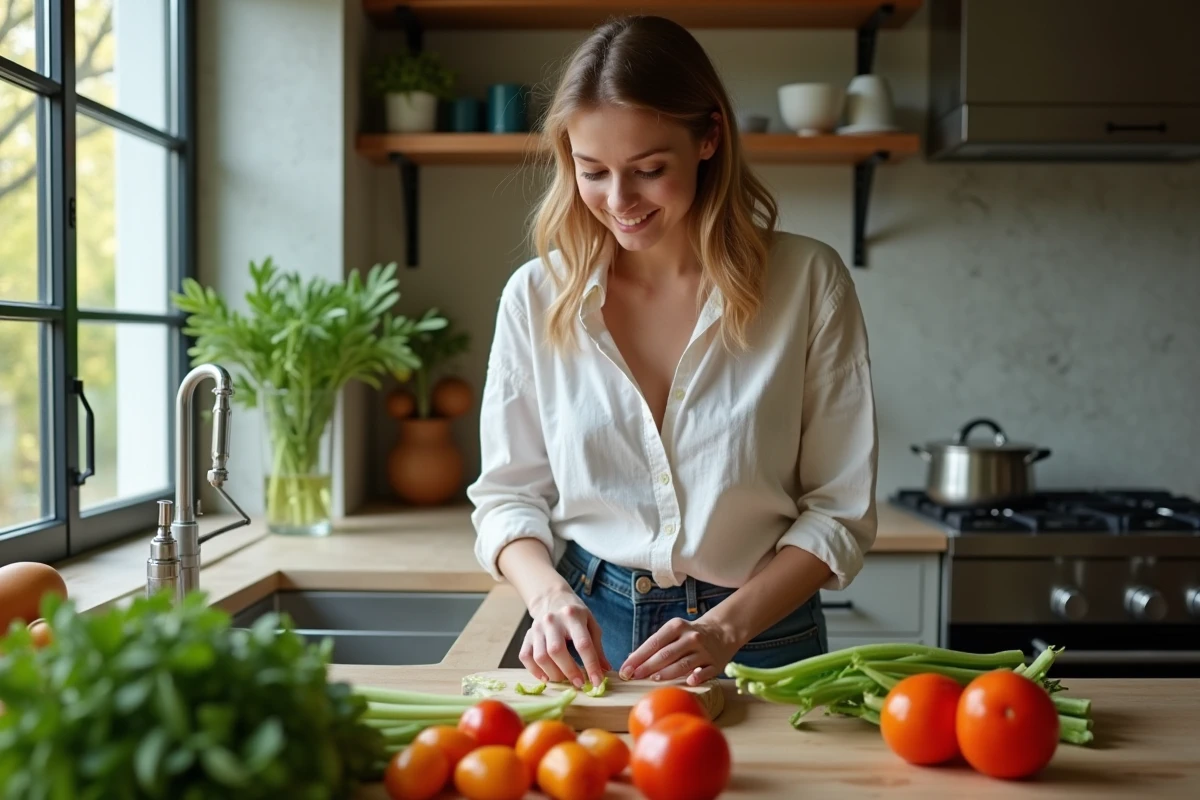 Jeune femme préparant un repas végétal dans une cuisine moderne