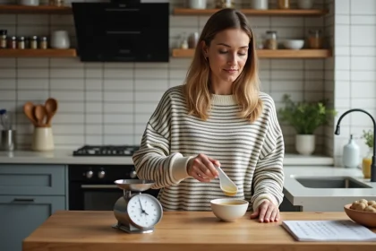 Femme versant un liquide dans un bol en cuisine moderne