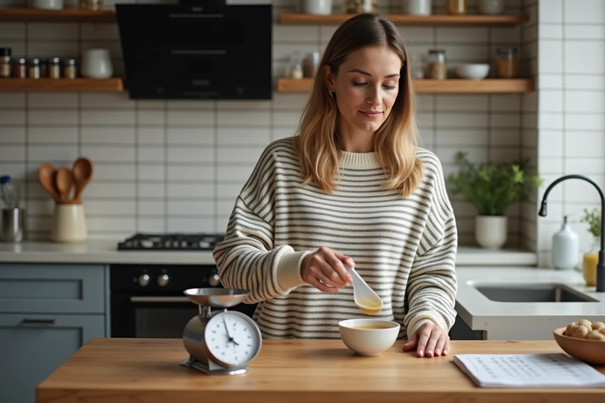 Femme versant un liquide dans un bol en cuisine moderne