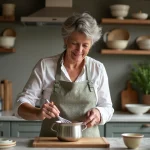 Femme en tablier fouettant une sauce dans la cuisine française