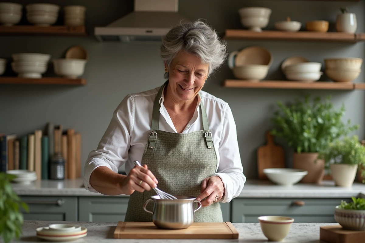 Femme en tablier fouettant une sauce dans la cuisine française