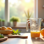 Plan de travail cuisine avec verre 500 ml et 50 cl entourés d ingrédients frais