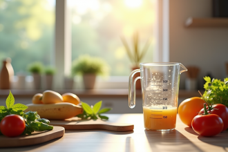 Plan de travail cuisine avec verre 500 ml et 50 cl entourés d ingrédients frais