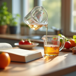 Plan de cuisine avec un verre doseur de 20 ml et ingrédients frais